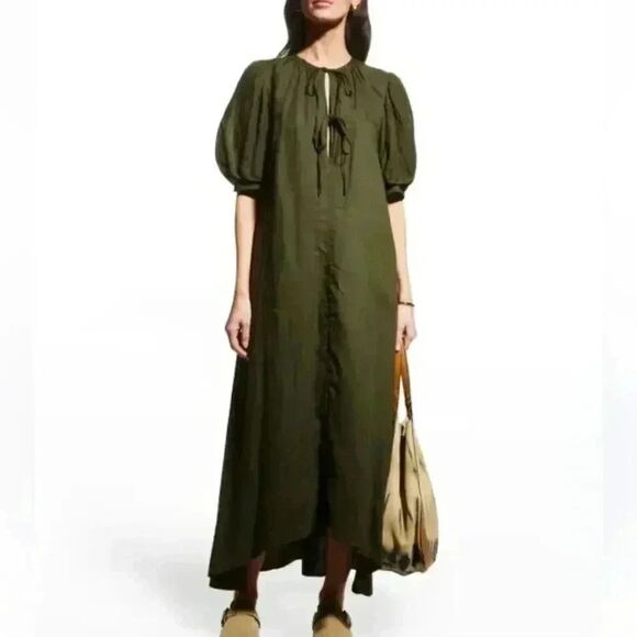 Frame Denim Dresses & Skirts - FRAME Tie Neck Puff Sleeve Linen Fatigue Moss Army Green Midi Maxi Dress Size XS